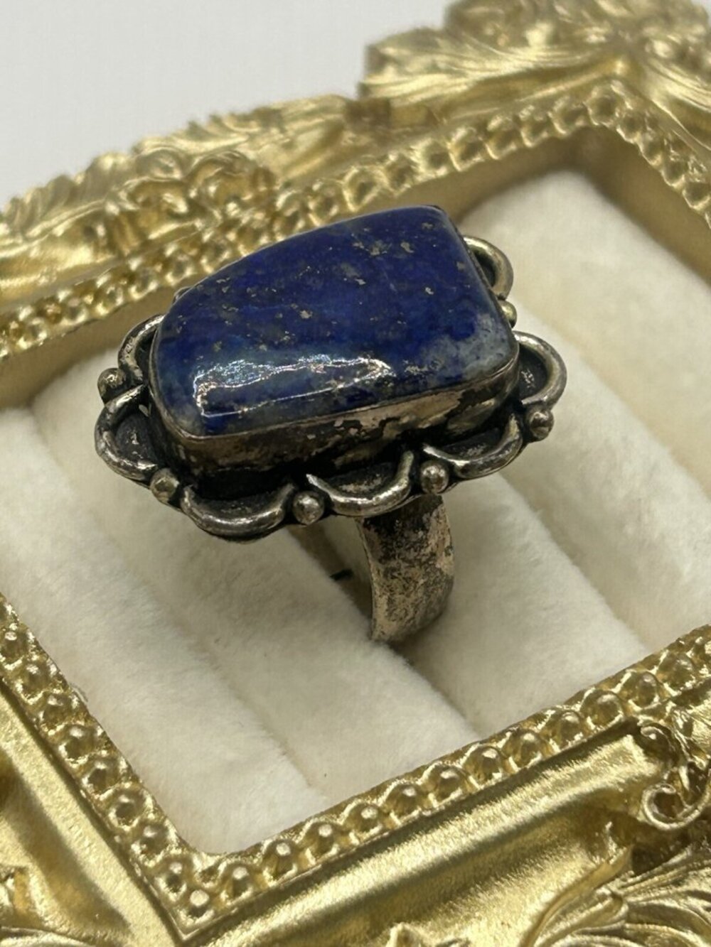 Vintage Lapis Lazuli Adjustable Ring Blue Stone Boho Statement Silver Tone Big - Picture 8 of 16
